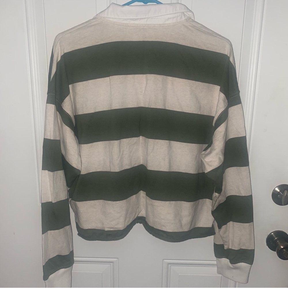 AERIE Striped Olive Green and White Collared Long Sleeve Cropped Rugby Polo - Picture 4 of 8